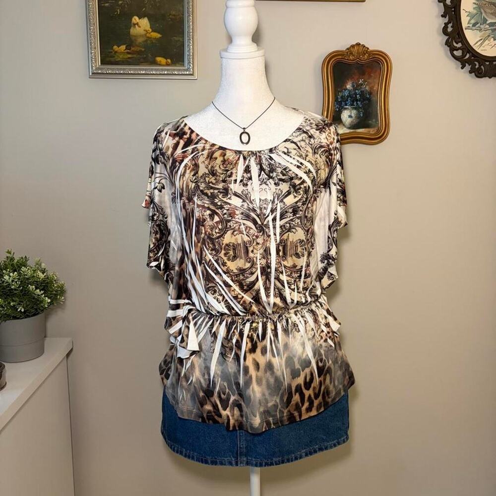 Vintage 2000s heartsoul leopard& Baroque Graphic Print Flutter Sleeve Top - XS